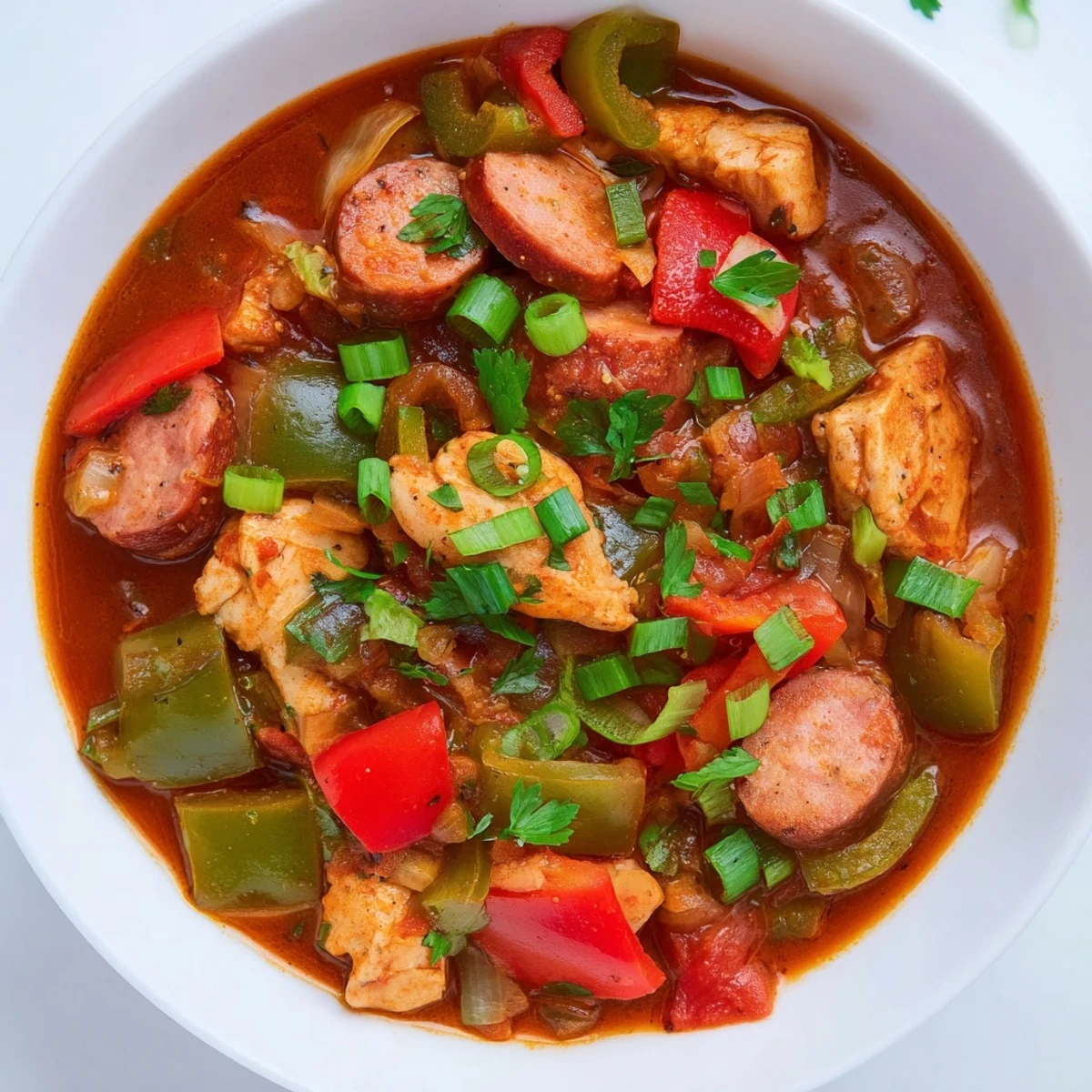 A spoon digging into a rich pot of Creole Chicken and Sausage Stew reveals tender chicken and spicy sausage chunks.