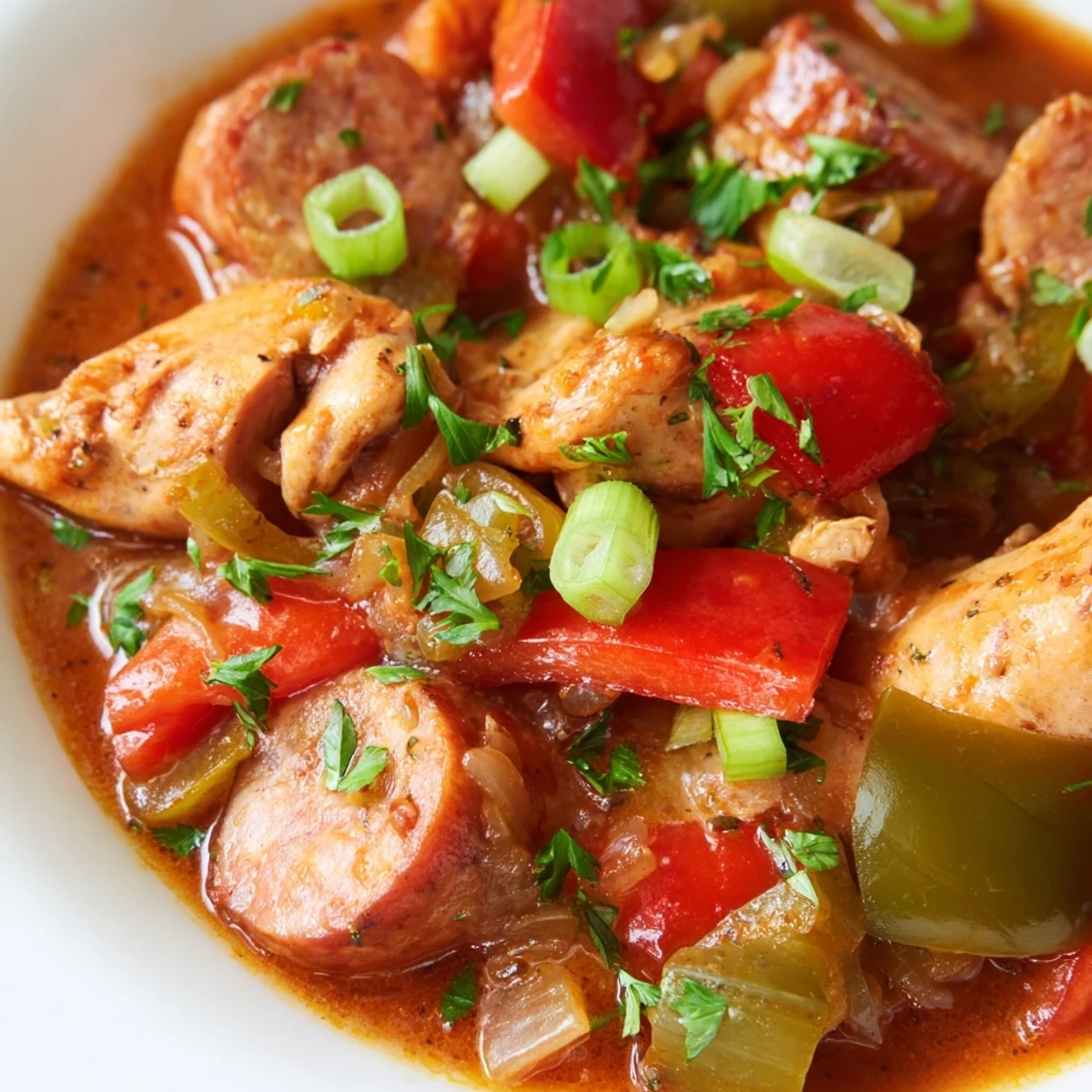 A steaming bowl of Creole Chicken and Sausage Stew, served over fluffy white rice and garnished with fresh parsley.