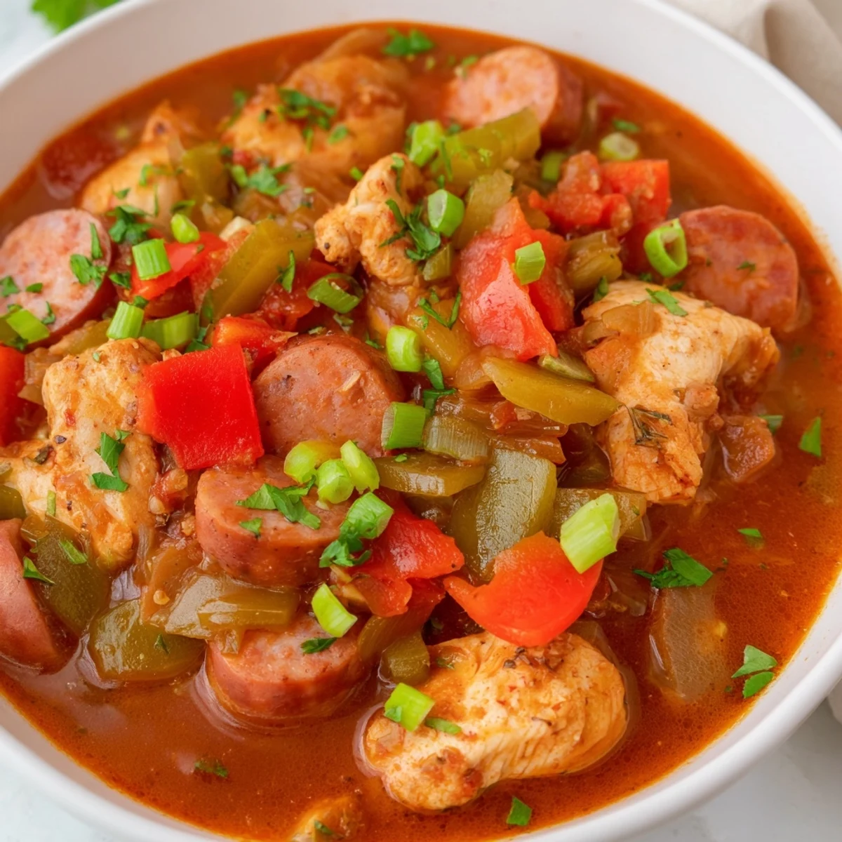 Close-up of Creole Chicken and Sausage Stew simmering in a Dutch oven, featuring vibrant bell peppers and tomatoes.