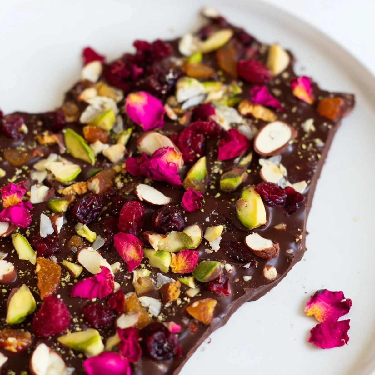 Valentine Chocolate Bark with Dried Fruit and nuts on a rustic table, rich dark chocolate with bright cranberries and apricots.