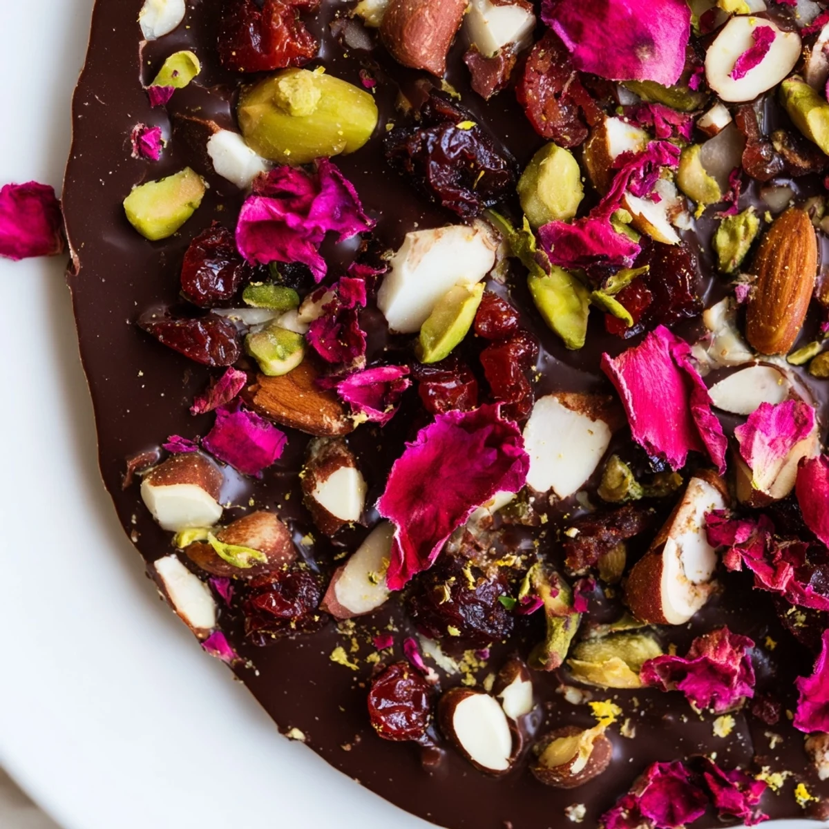 Valentine Chocolate Bark with Dried Fruit broken into pieces, ready to serve with sparkling rosé or package as a sweet gift.