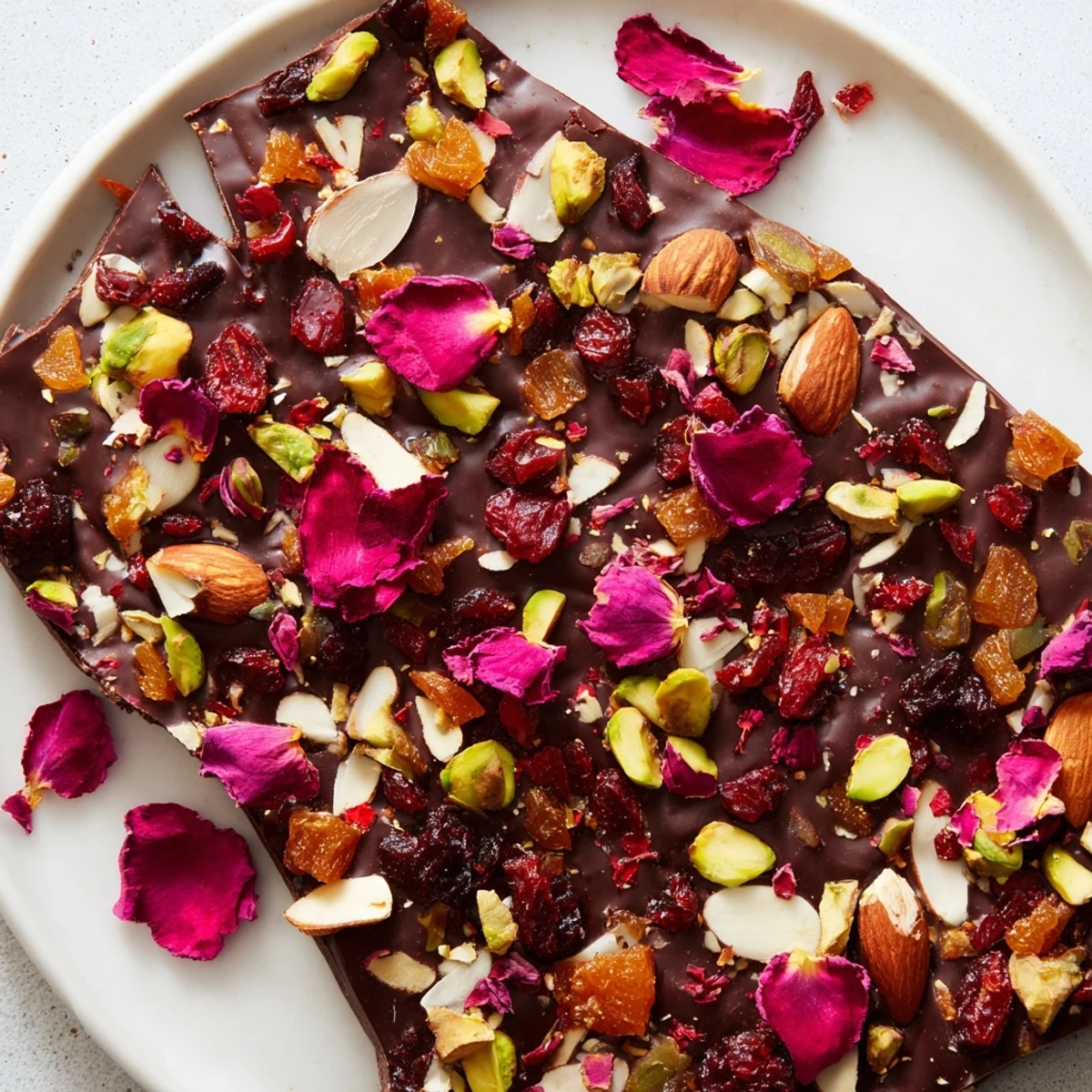 A close-up of Valentine Chocolate Bark with Dried Fruit, showing glossy dark chocolate and crunchy pistachios for a romantic dessert.