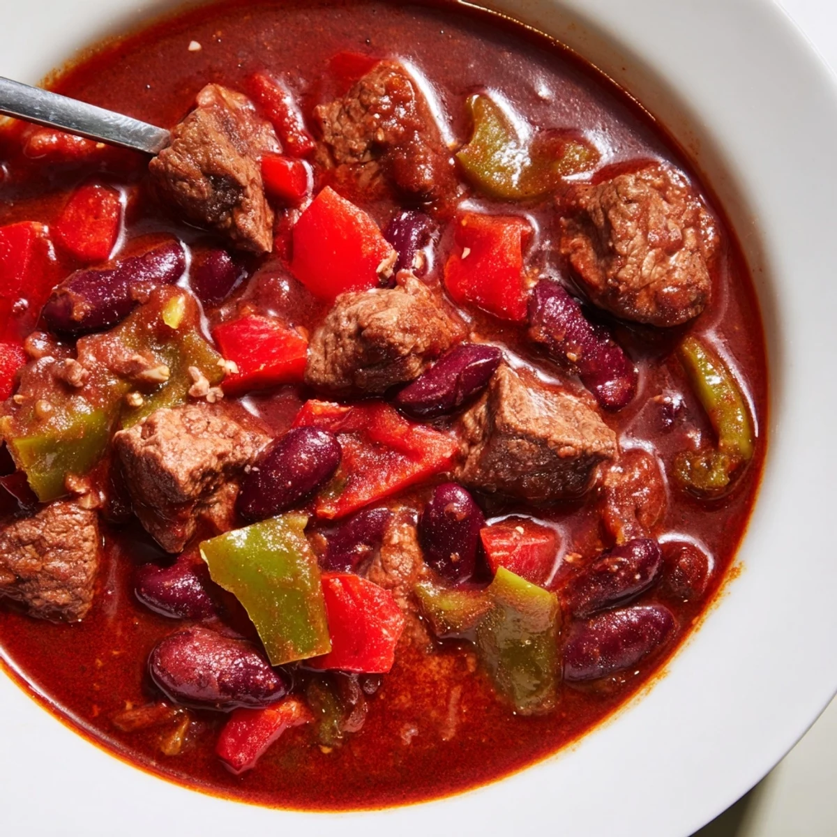 A steaming bowl of End Zone Spicy Beef Chili topped with shredded cheddar cheese and fresh green onions, ready for a game day feast.