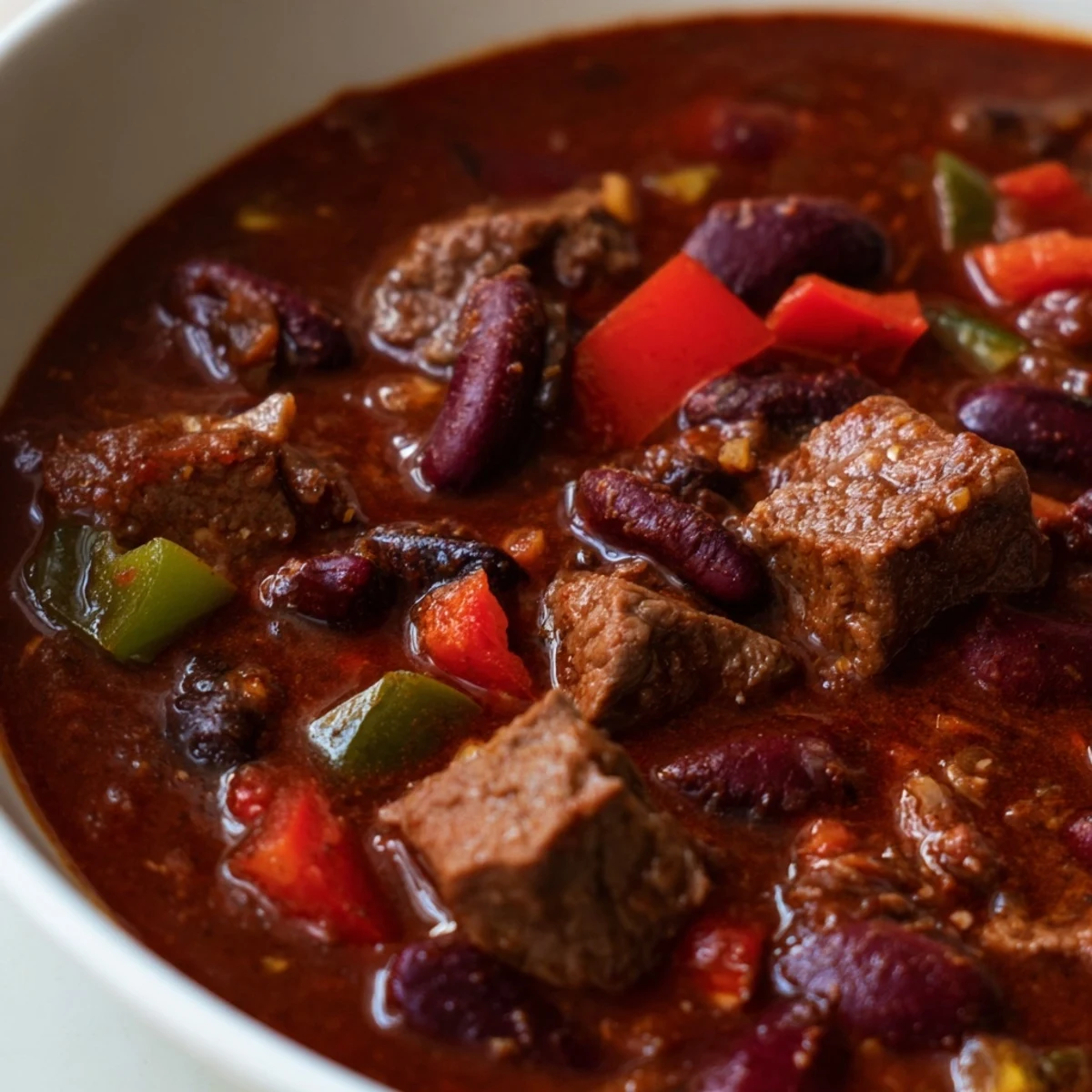 Close-up of rich End Zone Spicy Beef Chili in a Dutch oven, showcasing tender beef chunks, beans, and vibrant bell peppers.