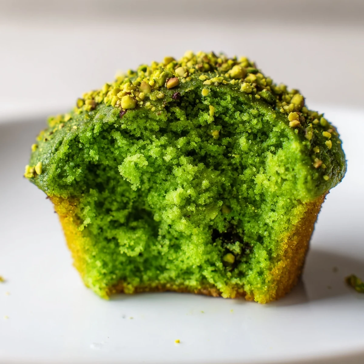 Moist, fluffy Green Pistachio Muffins with a vibrant green hue, topped with chopped nuts and a crumbly streusel for breakfast or snack time.
