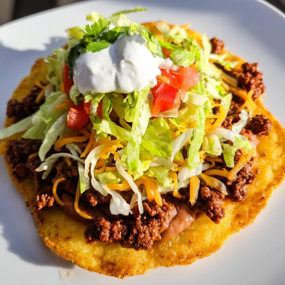 Golden-brown corn tostadas piled high with seasoned beef, creamy refried beans, shredded lettuce, and fresh toppings like tomato and cheese.