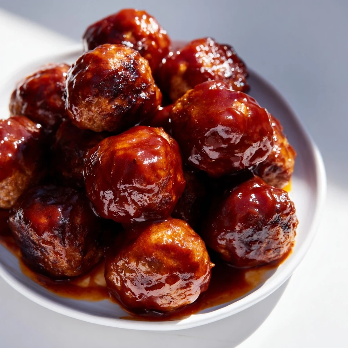 Golden-brown Game Day BBQ Beef Meatballs glisten with sticky barbecue glaze, served on a platter with toothpicks ready for easy party sharing.