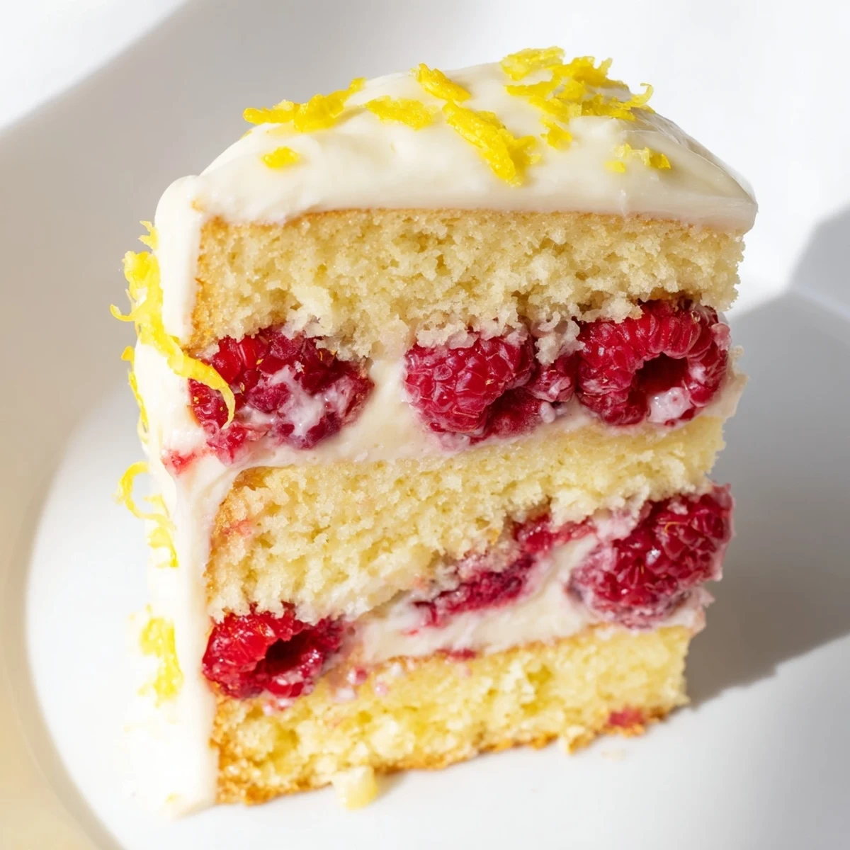A vibrant slice of Lemon Raspberry Layer Cake reveals golden layers, tangy raspberry filling, and creamy lemon frosting on a dessert plate.  
