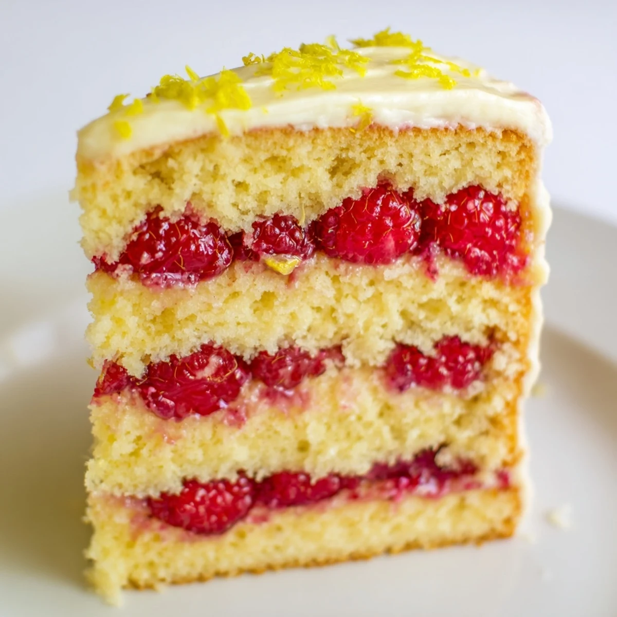 Fresh raspberries and lemon zest garnish this moist Lemon Raspberry Layer Cake, paired with a cup of tea for an afternoon treat.  