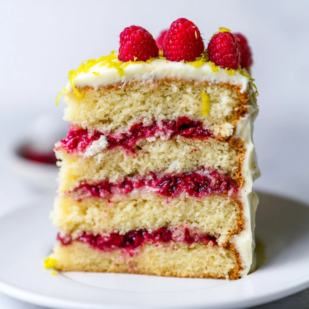 Moist layers of Lemon Raspberry Layer Cake are stacked with bright raspberry filling and finished with tangy cream cheese frosting.