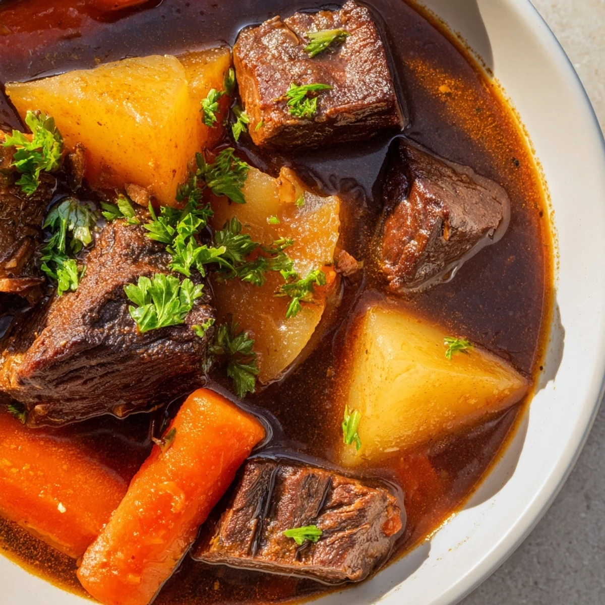 A bowl of Irish Beef Stew with Root Vegetables showcases tender beef, carrots, and potatoes in a rich, savory broth.  