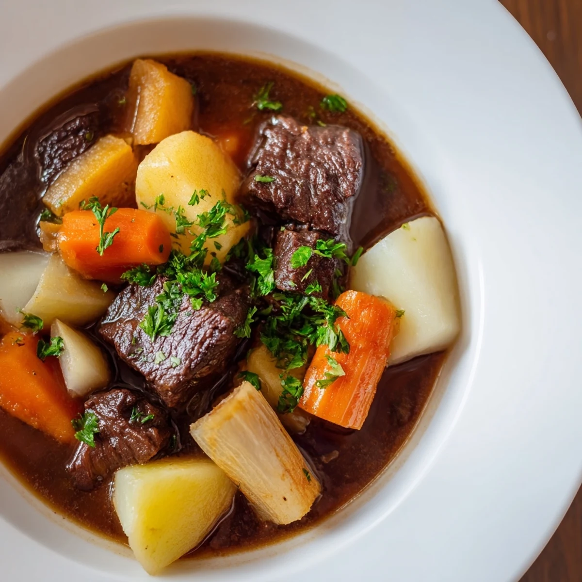 A hearty Irish Beef Stew with Root Vegetables simmers with colorful parsnips, turnips, and aromatic herbs in a Dutch oven.  