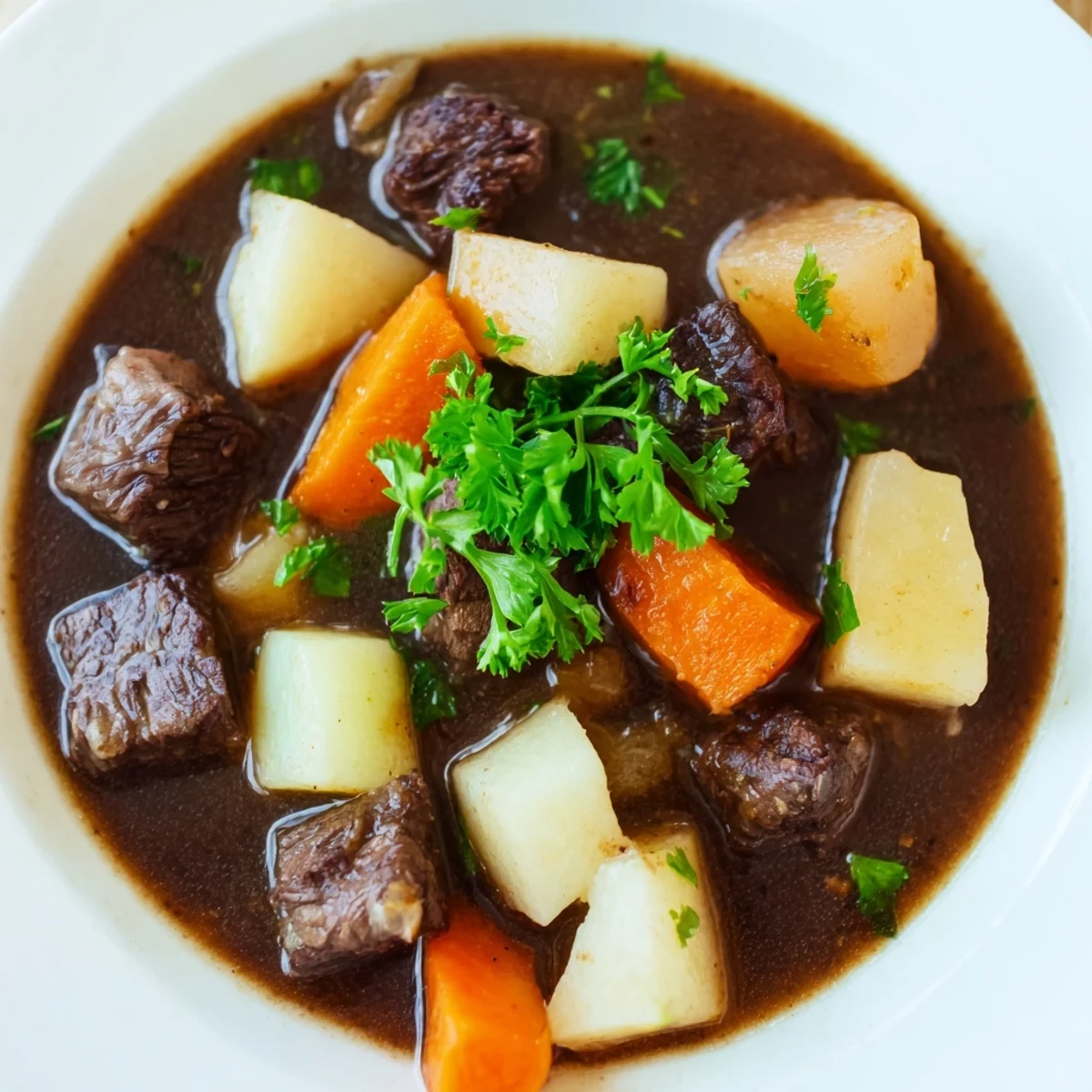 Close-up of Irish Beef Stew with Root Vegetables, garnished with fresh parsley and served with crusty bread on the side.