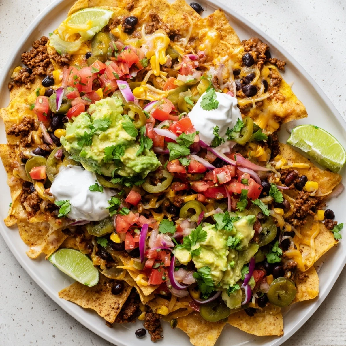 A close-up of a steaming Beef Nacho Platter with All Toppings, loaded with seasoned ground beef, melted cheese, and vibrant fresh garnishes.