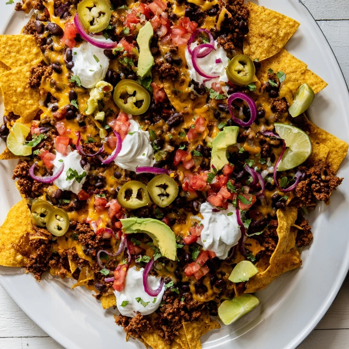 This Beef Nacho Platter with All Toppings features golden tortilla chips piled high with black beans, corn, jalapeños, and creamy guacamole.