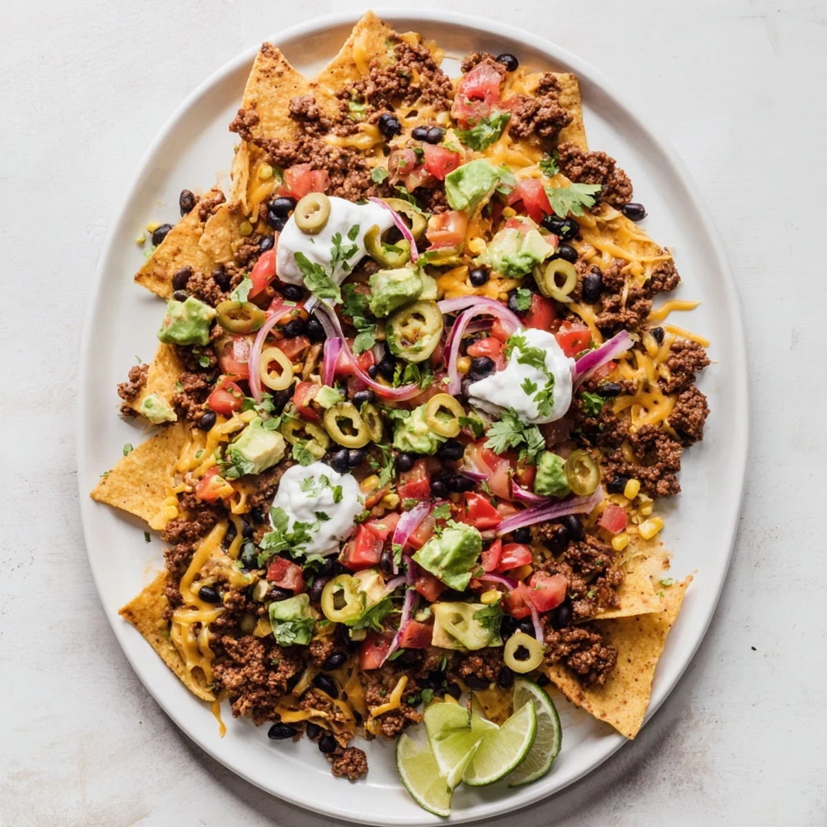 A festive Beef Nacho Platter with All Toppings is served on a wooden board, ready for a party with lime wedges and salsa.
