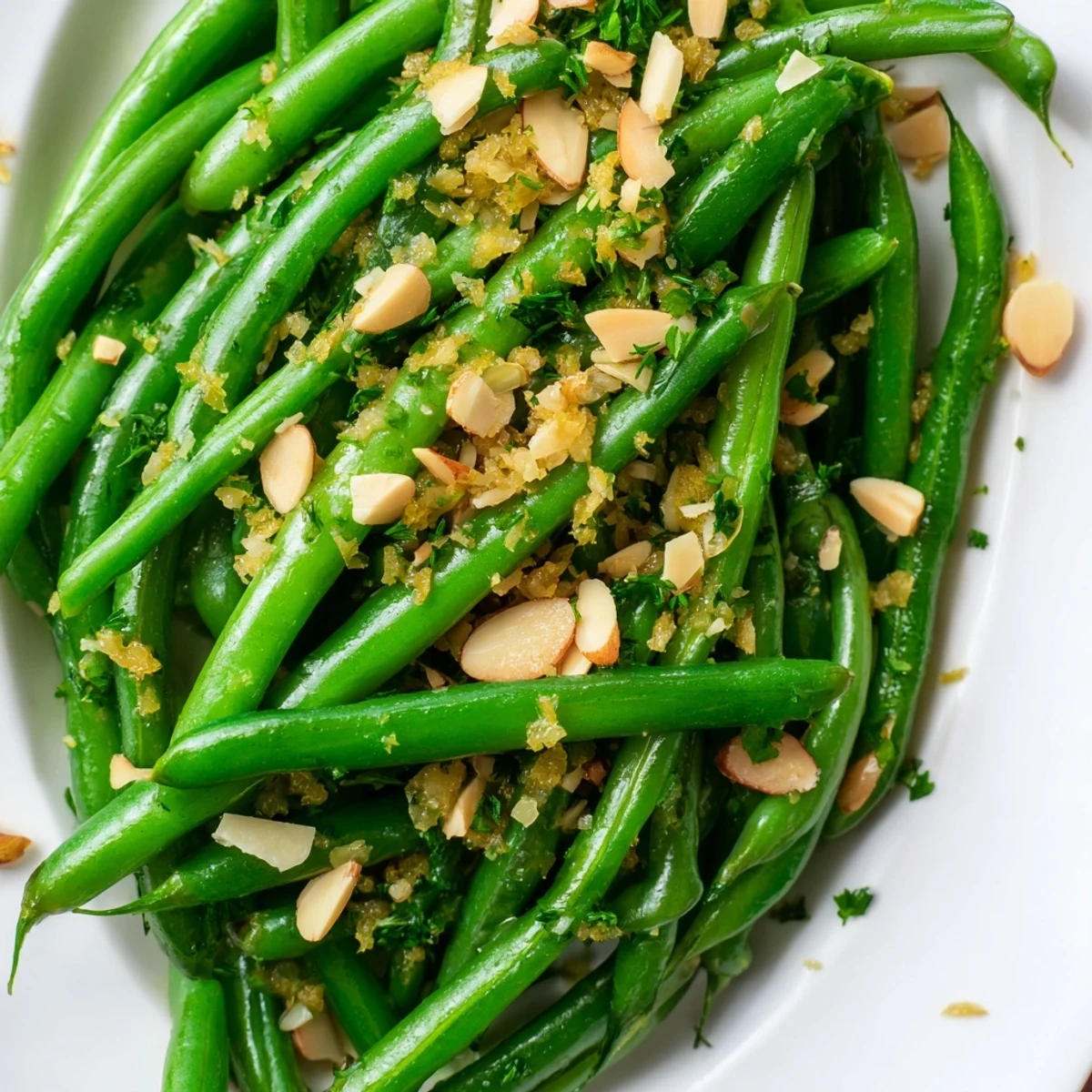Bright green beans tossed with minced garlic, fresh lemon zest, and parsley on a white platter.  