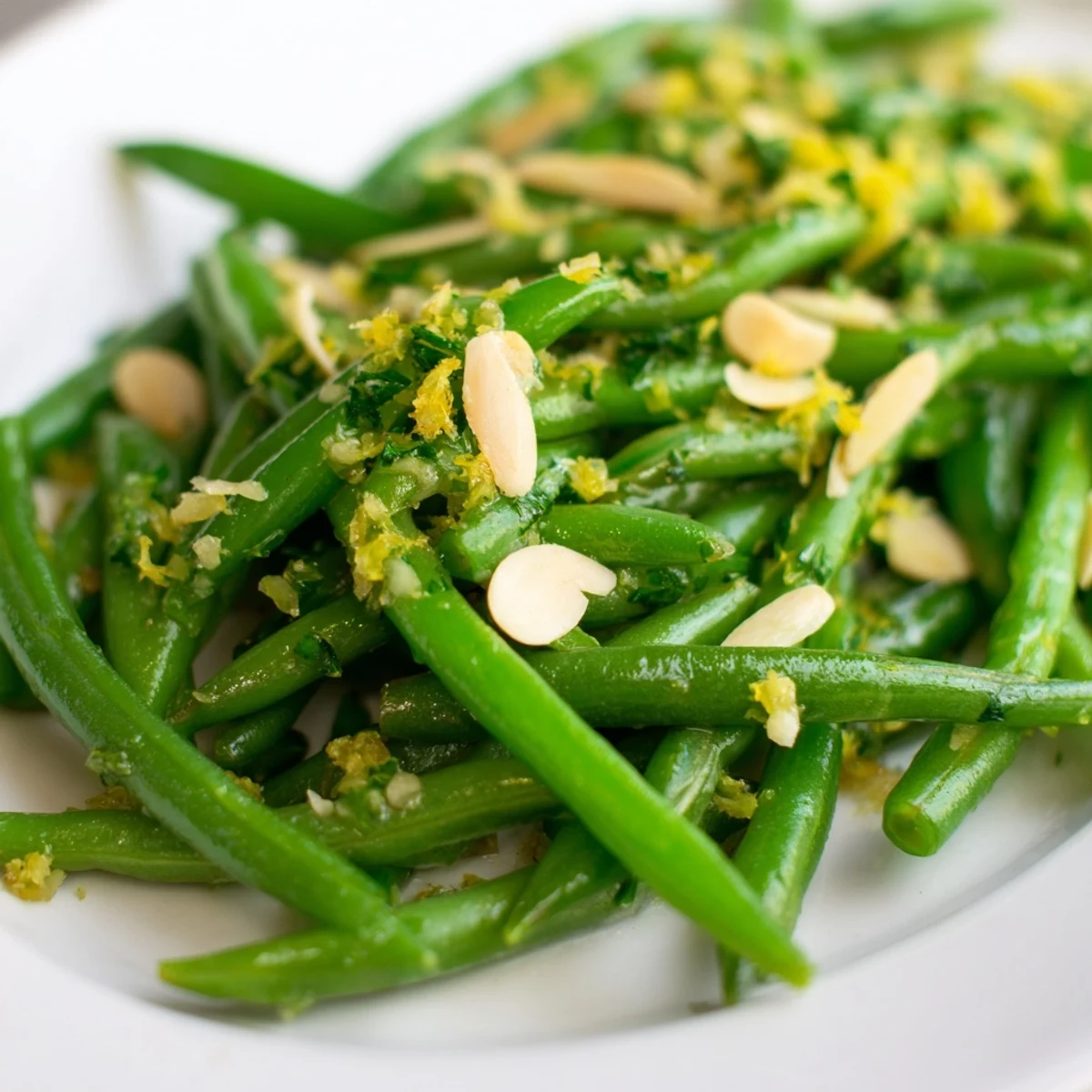 A vibrant bowl of Lemon Green Beans with Minced Garlic garnished with toasted almonds for crunch.  