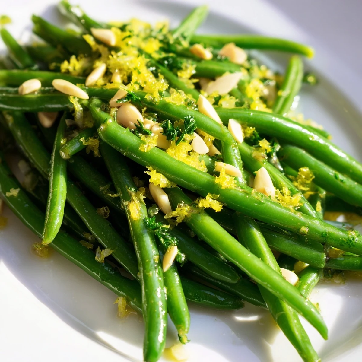 Close-up of crisp-tender Lemon Green Beans with Minced Garlic glistening with olive oil and lemon juice.