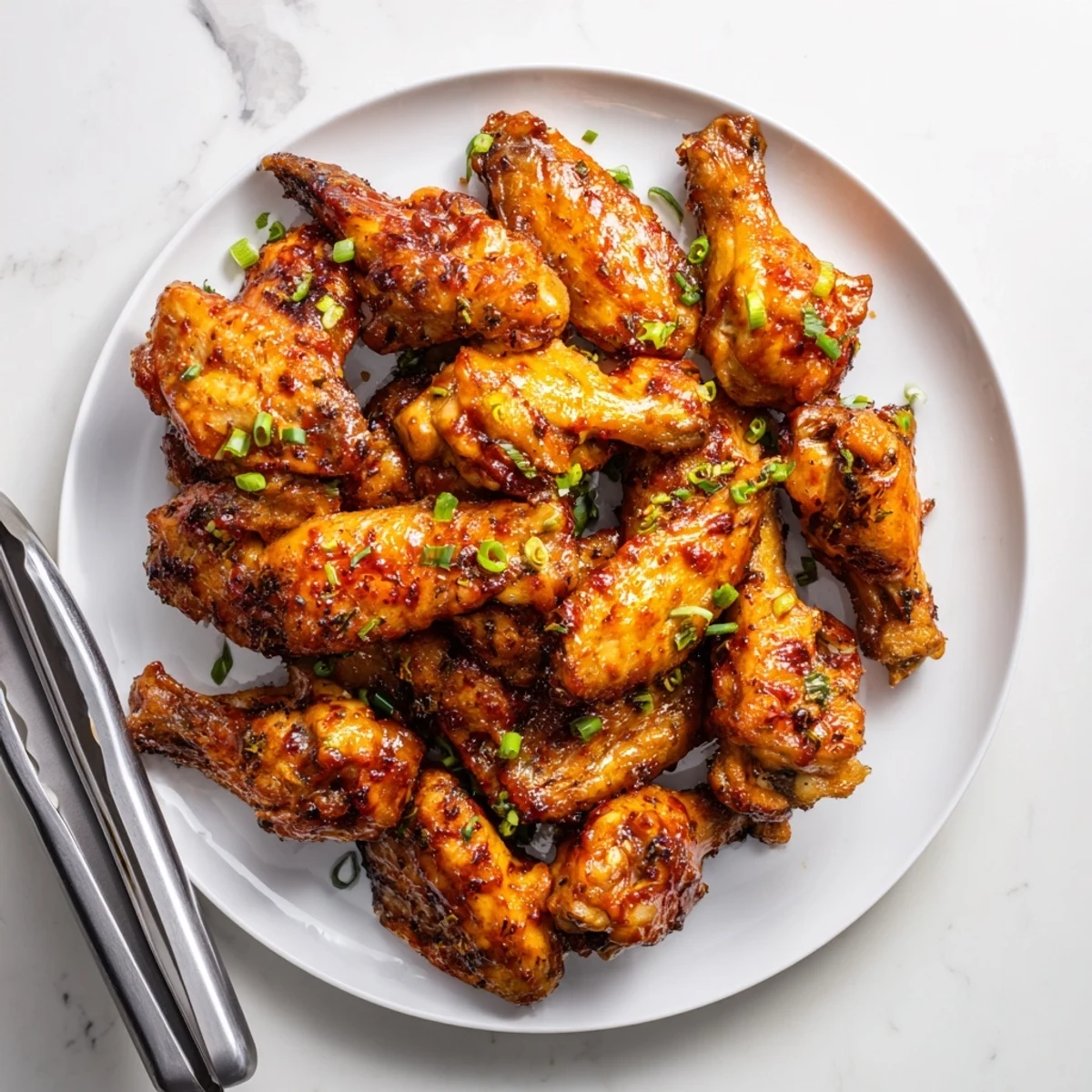 Freshly baked Touchdown Chicken Wings with BBQ glisten on a wire rack, perfectly crisp edges visible with scattered green onions nearby.