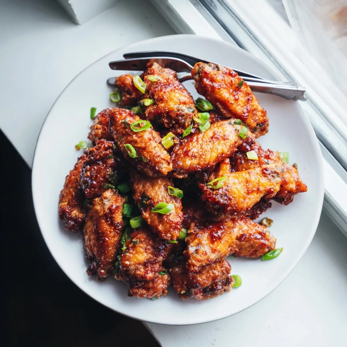 Sizzling Touchdown Chicken Wings with BBQ tossed in a rich, smoky sauce are piled high on a wooden board for game day.