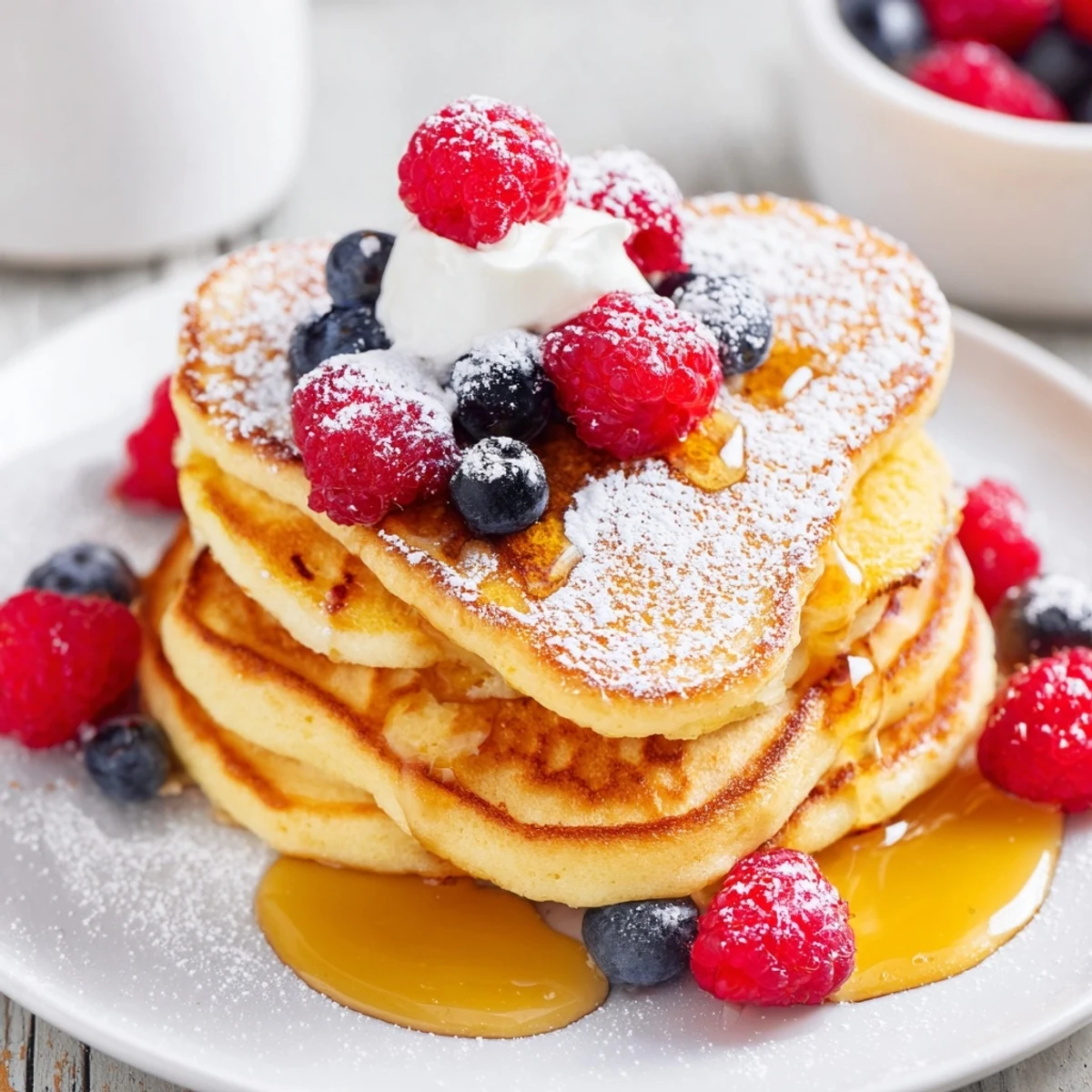 Fluffy golden heart shaped pancakes topped with maple syrup and fresh berries on a breakfast plate.