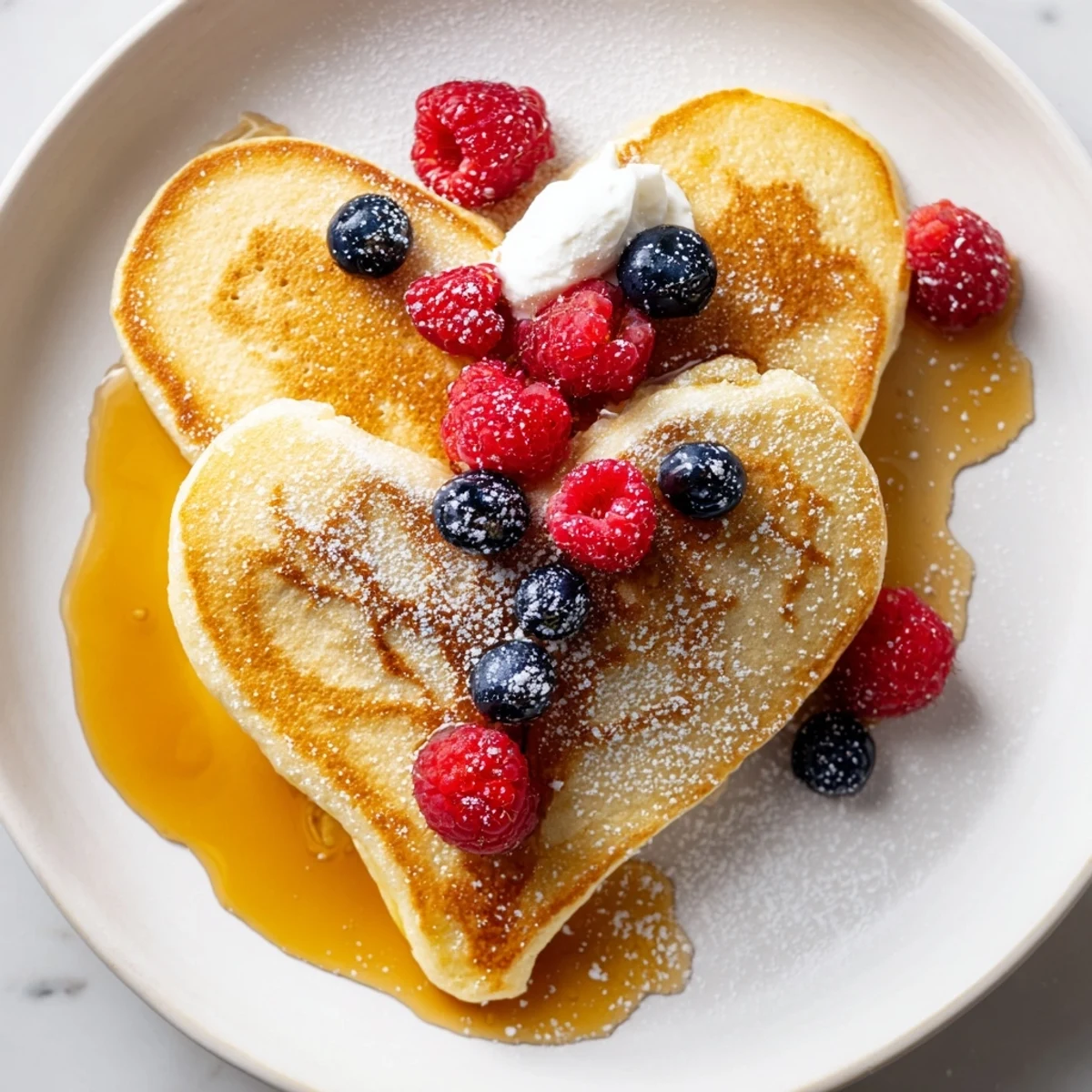 A close-up of heart shaped pancakes dusted with powdered sugar beside a mug of coffee.