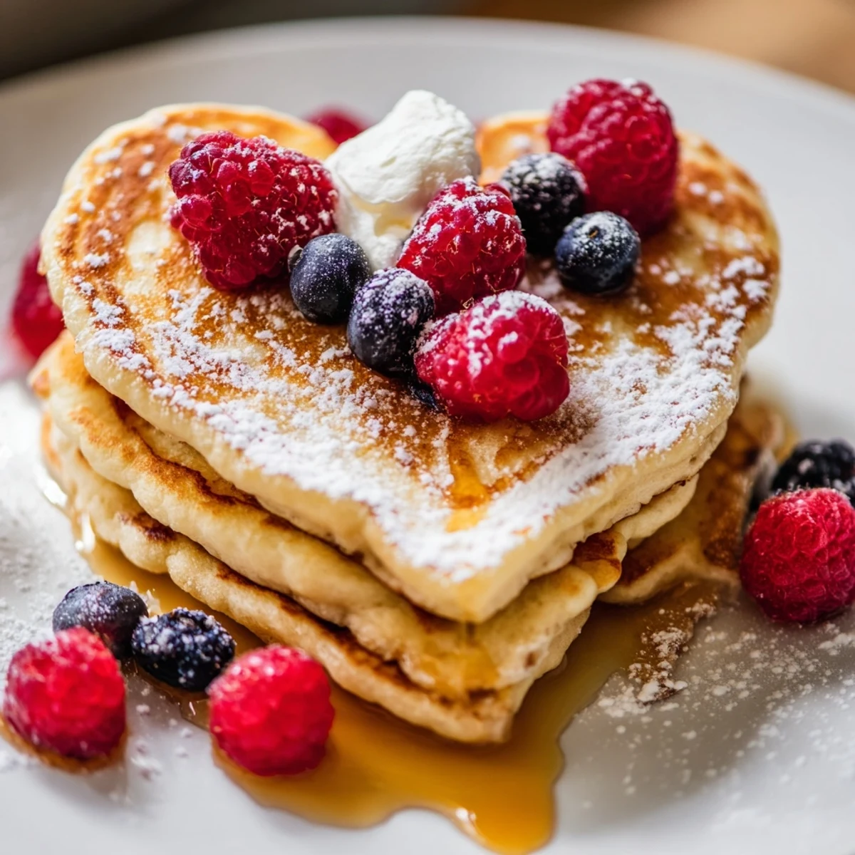 Perfect for breakfast in bed, these heart shaped pancakes are stacked high with whipped cream.