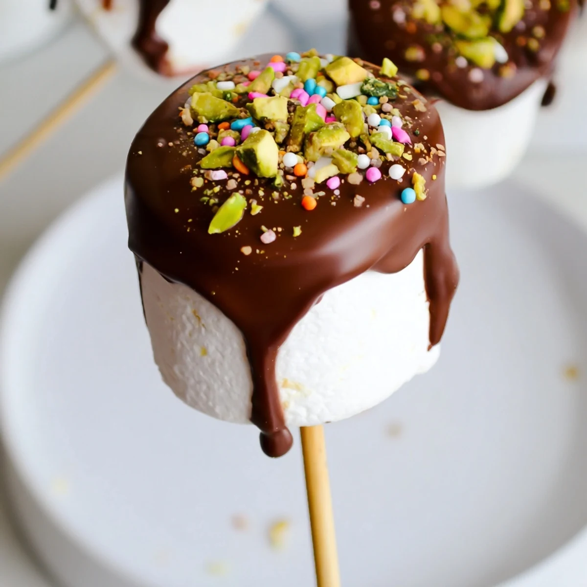 Glossy chocolate-dipped marshmallows on sticks, topped with chopped nuts and sprinkles, ready for a party platter.