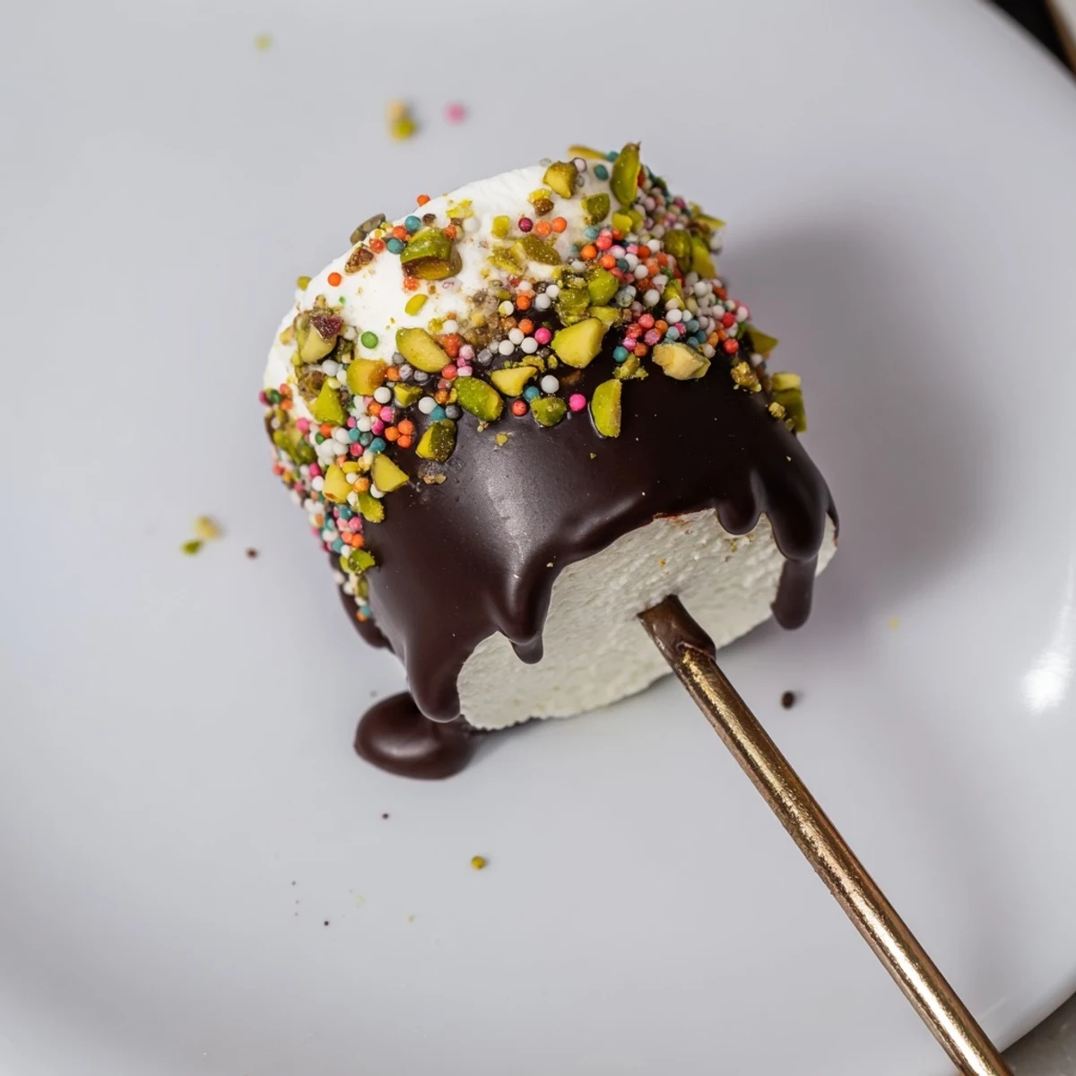 A close-up of fudge-like marshmallows dipped in rich dark chocolate, garnished with shredded coconut and graham crumbs.