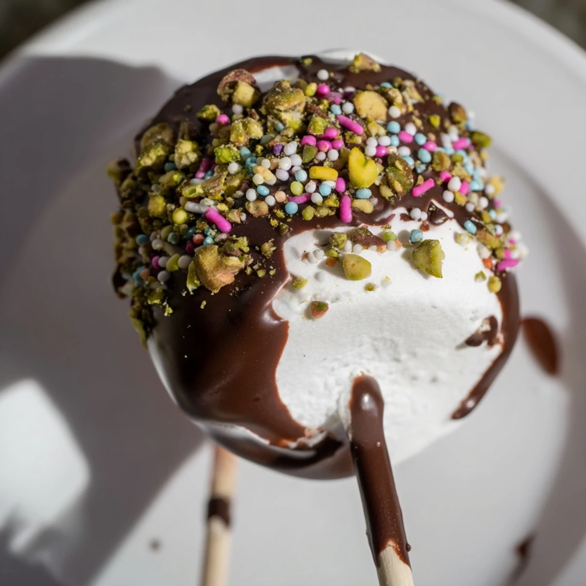 Homemade chocolate-dipped marshmallows on a chilled baking sheet, finished with pistachios and colorful sprinkles for a sweet treat.