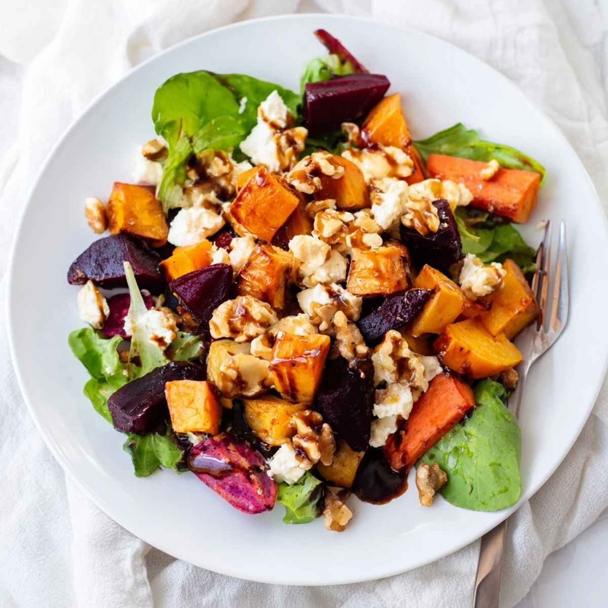 Roasted Root Vegetable Salad with caramelized carrots, parsnips, and beets on a bed of fresh greens, topped with feta and toasted walnuts.