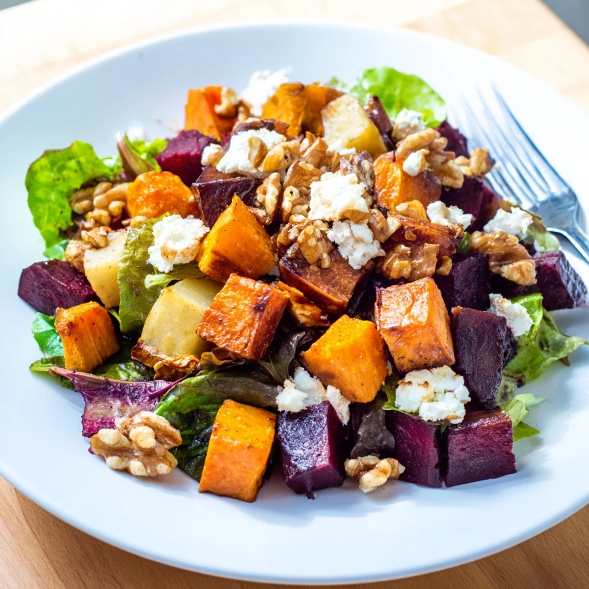 A close-up of Roasted Root Vegetable Salad showing golden, caramelized root vegetables, crumbled feta, and toasted pecans on a colorful salad base.
