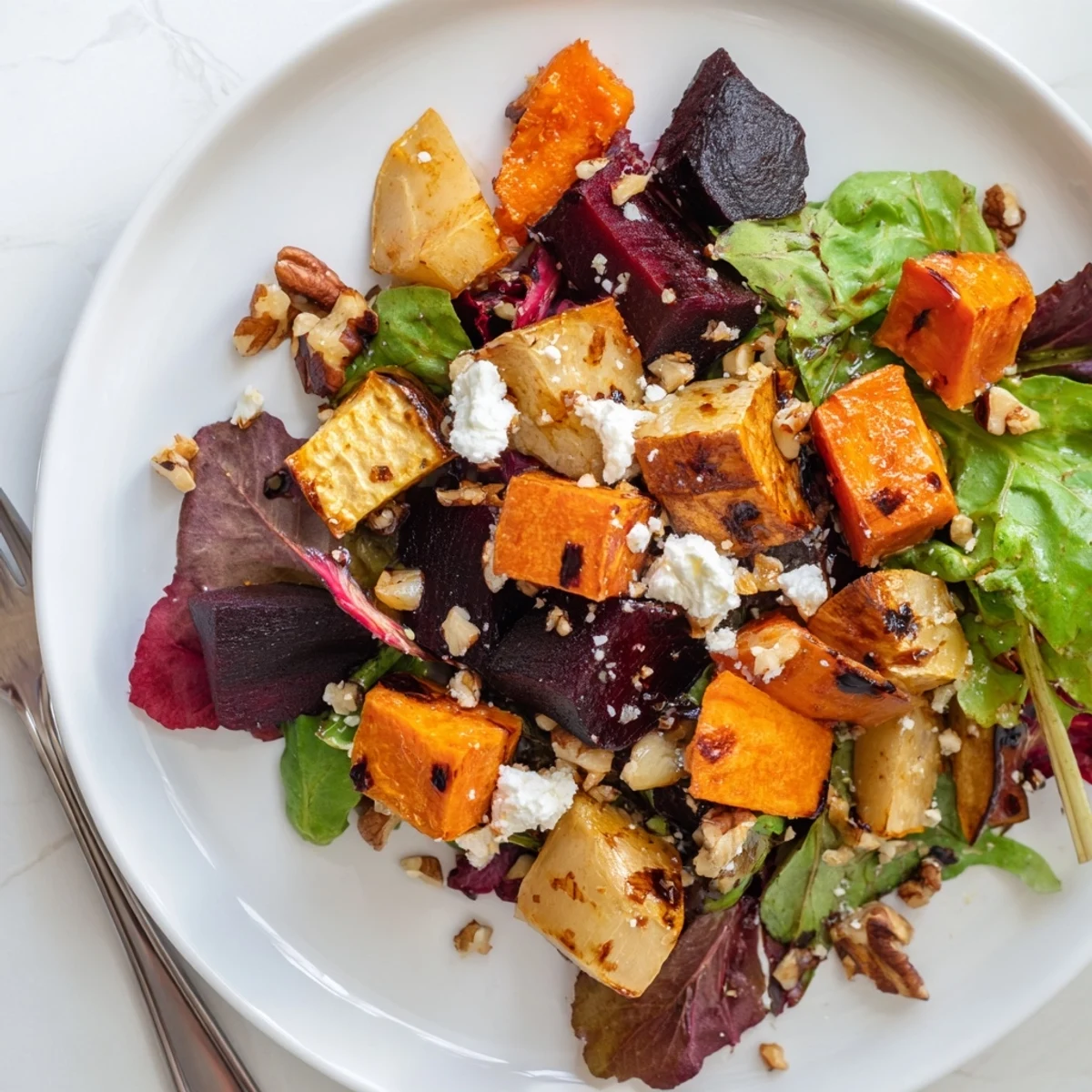 Warm, savory Roasted Root Vegetable Salad featuring tender sweet potato and parsnip chunks tossed with arugula and a tangy balsamic vinaigrette.