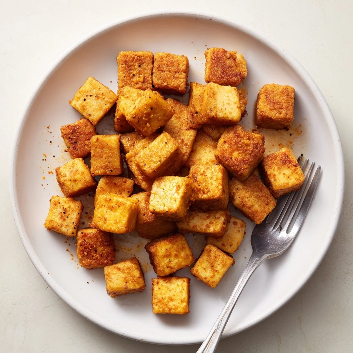 Golden, crunchy Crispy Air Fryer Tofu cubes tossed in sesame oil and paprika, perfect for adding to vibrant grain bowls.