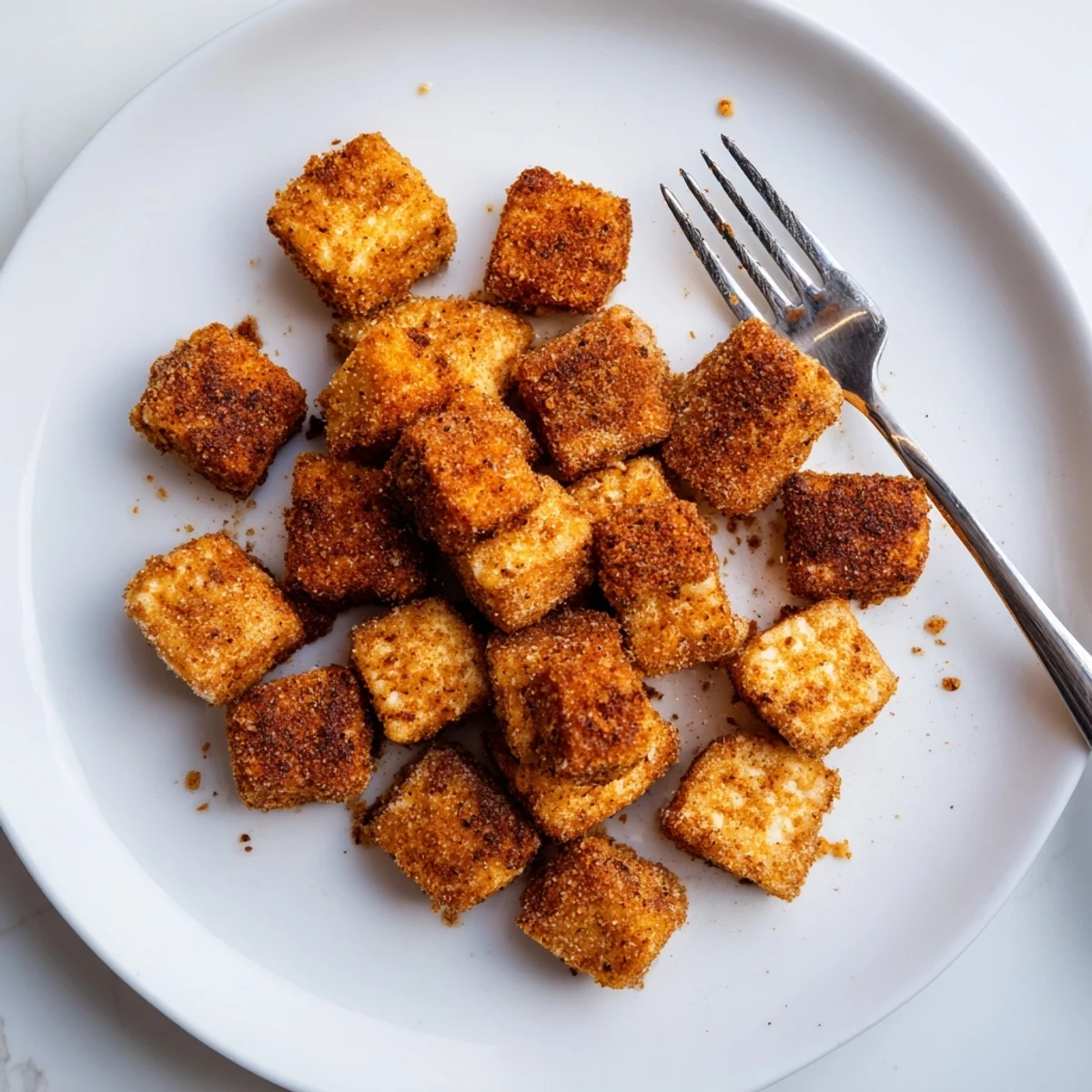 Crispy air fryer tofu with a golden-brown exterior and tender interior, served warm with a drizzle of sweet chili sauce.