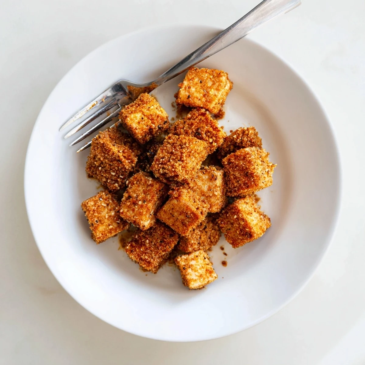 Air-fried tofu cubes with a smoky garlic aroma, arranged on a plate ready for dipping or topping a fresh salad.