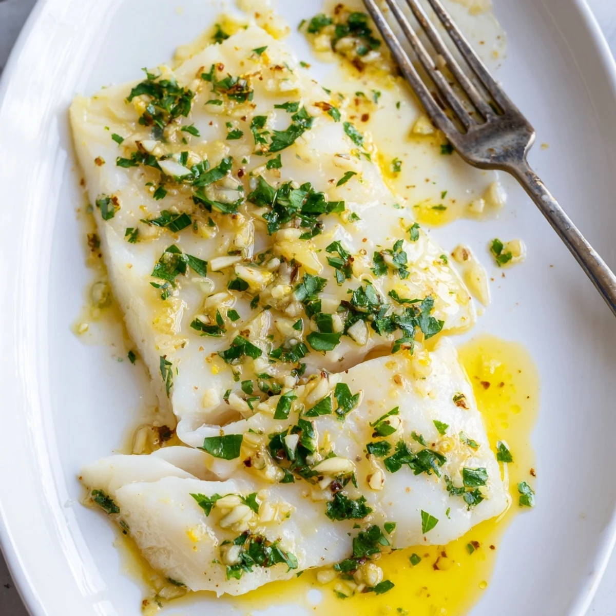 Perfectly cooked Baked Halibut with Garlic, flaky and tender, resting in a rich garlic butter sauce.