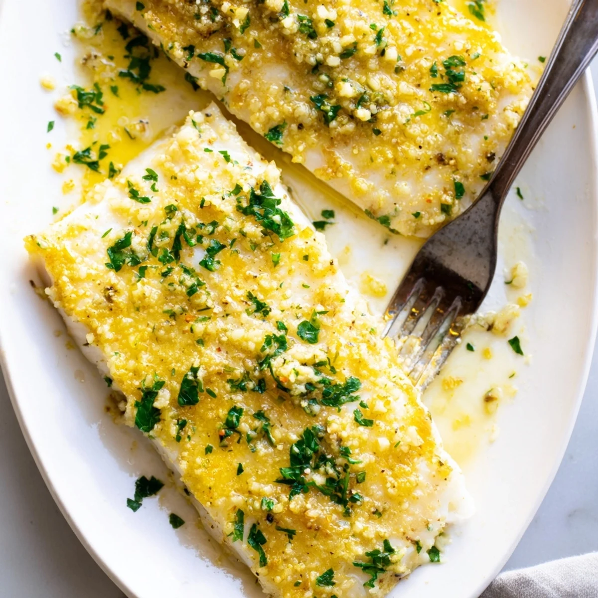 Golden-brown Baked Halibut with Garlic butter sauce, served with lemon wedges and fresh parsley.