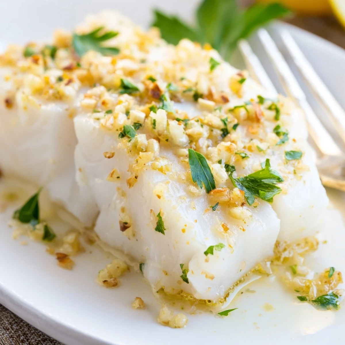 Healthy Baked Halibut with Garlic garnished with parsley, paired with roasted potatoes for an elegant dinner.