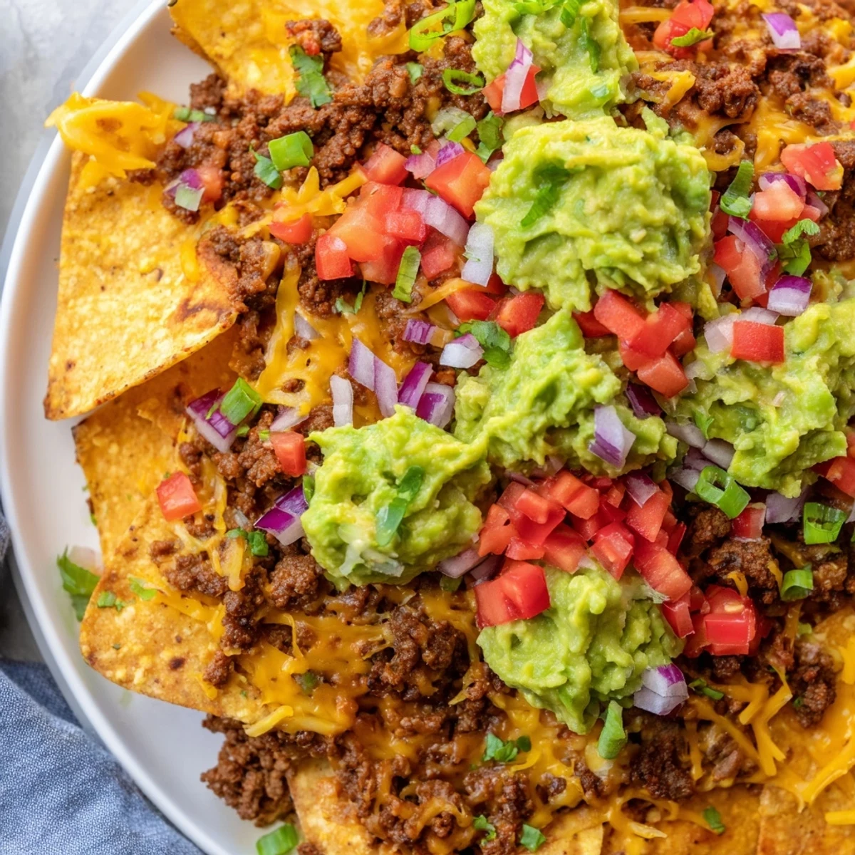 Freshly baked Beef Nachos with Guacamole feature crispy chips, seasoned ground beef, melted cheddar, and a dollop of creamy avocado.