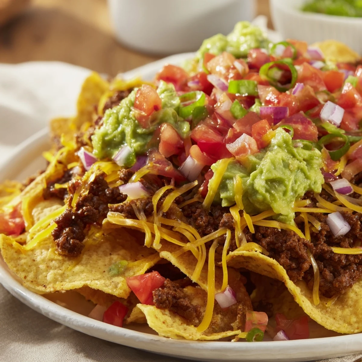Steaming hot Beef Nachos with Guacamole offer melted Monterey Jack, seasoned beef, and vibrant toppings for a perfect game day snack.
