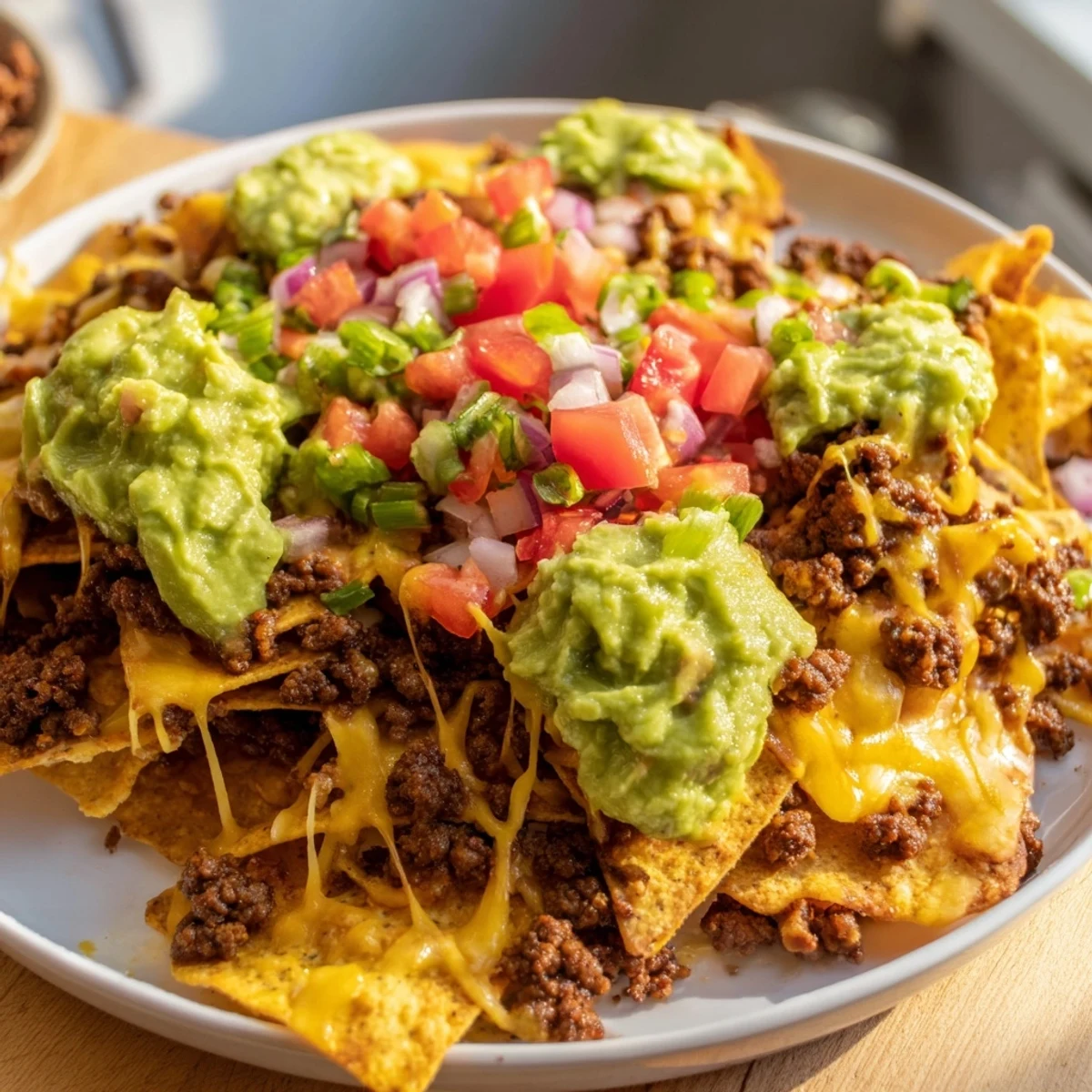 Golden beef nachos are topped with fresh guacamole, diced tomatoes, and jalapeños, served hot from the oven on a rustic tray.