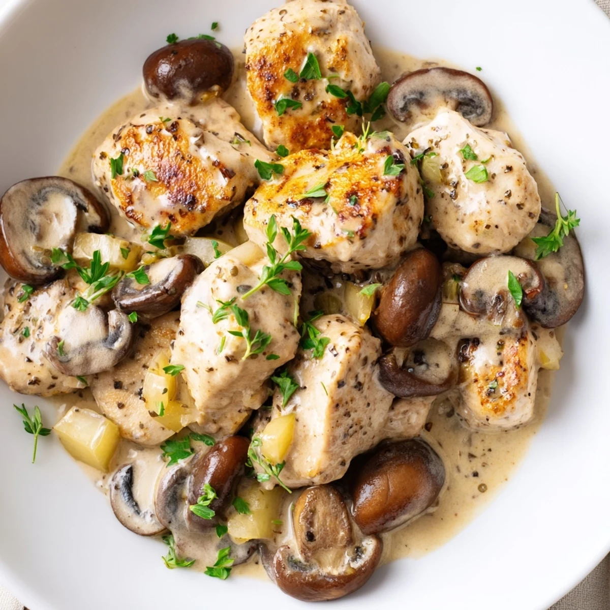 Perfectly seared chicken breasts sit in a rich, creamy mushroom sauce, garnished with fresh parsley, served in a cast-iron skillet.