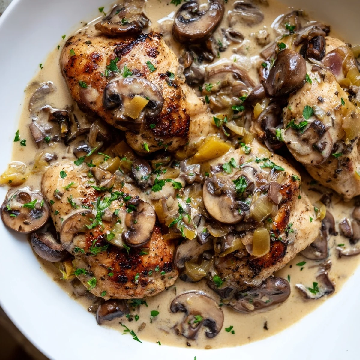 Golden-brown chicken simmered in a garlicky mushroom cream sauce with fresh thyme, ready to be served family-style from the skillet.