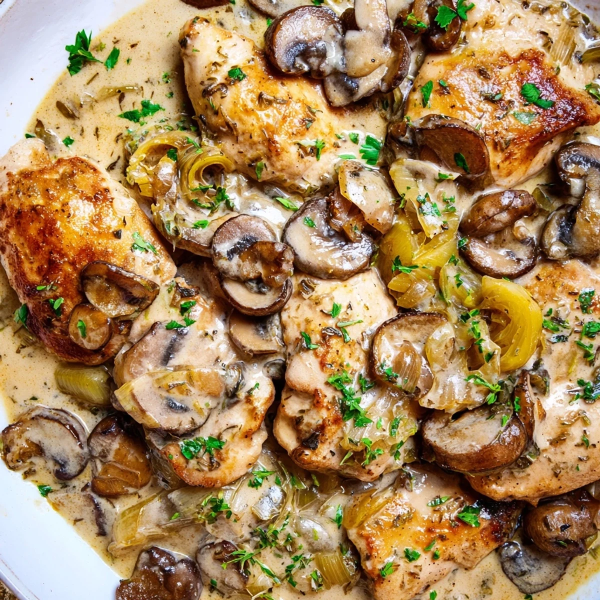 Tender slices of chicken and sautéed mushrooms smothered in a garlic cream sauce, perfect served over mashed potatoes for a cozy meal.