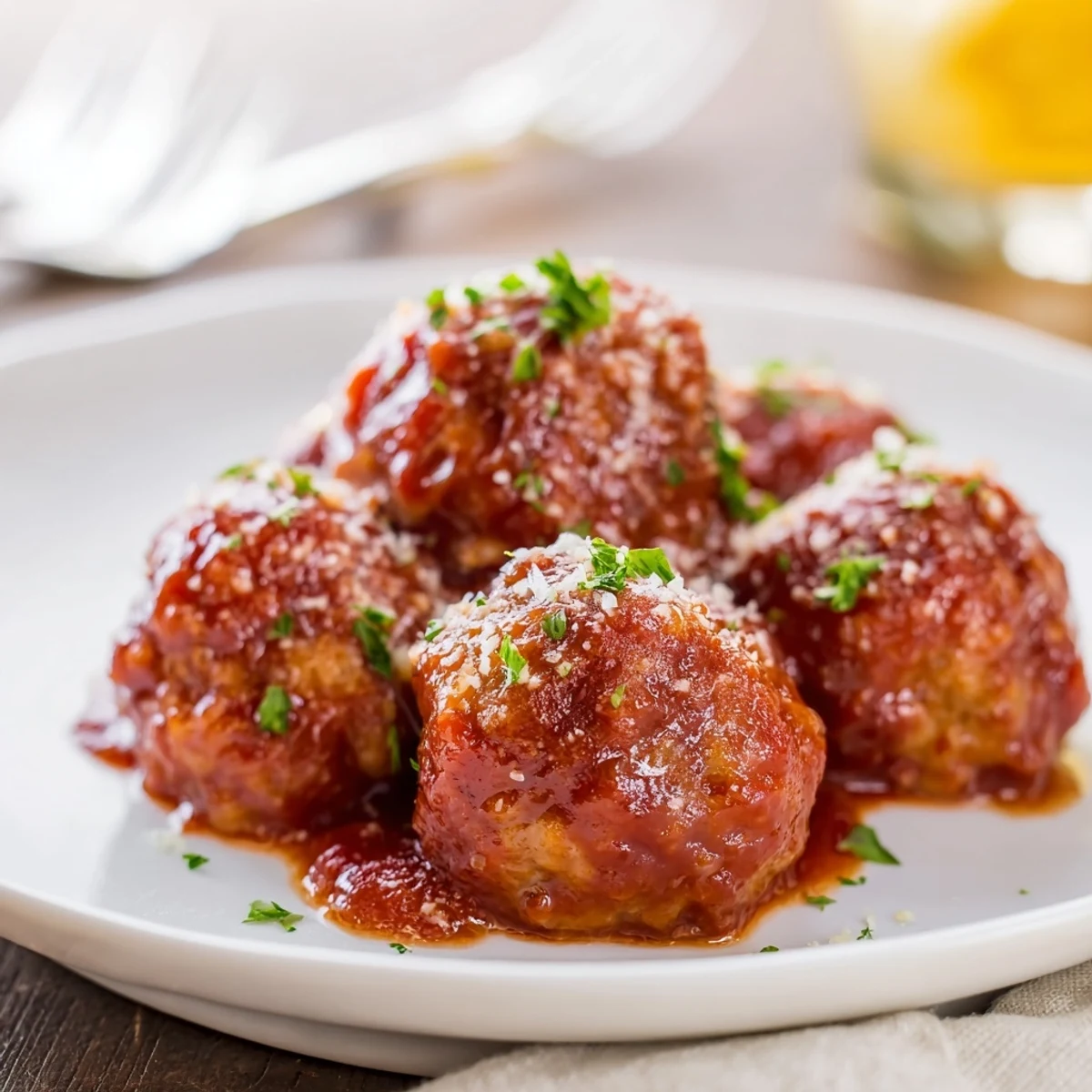 Golden-brown Turkey Meatballs with Marinara nestled in a garlicky tomato sauce, ready to be scooped alongside warm, crusty Italian bread.