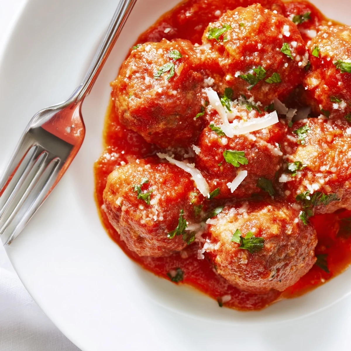 Close-up of Turkey Meatballs with Marinara showing tender texture and herb flecks, steaming in a robust sauce for a family-style meal.