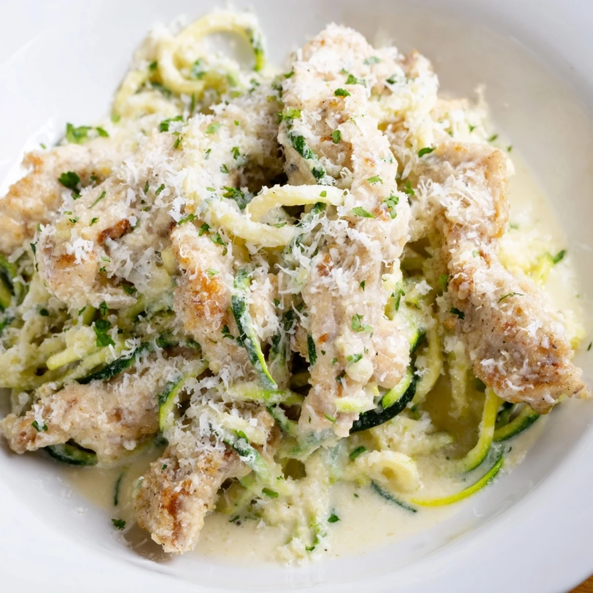 Creamy Chicken Alfredo with Zucchini Noodles served warm on a plate with fresh parsley garnish.