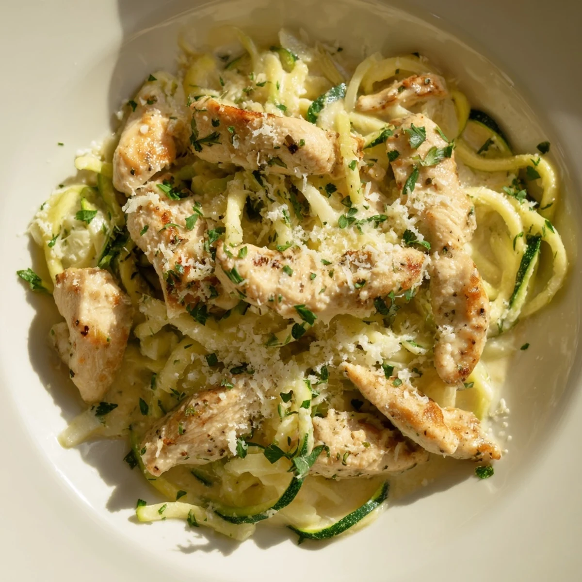 Tender sliced chicken and spiralized zucchini noodles tossed in a rich garlic Parmesan Alfredo sauce.
